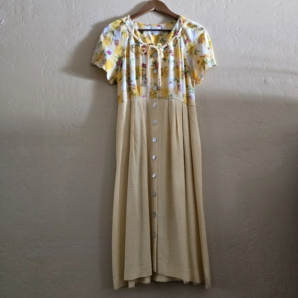 VTG Expo Mixed Print Midi Dress Yellow Gingham Floral Cottagecore Button Front 8